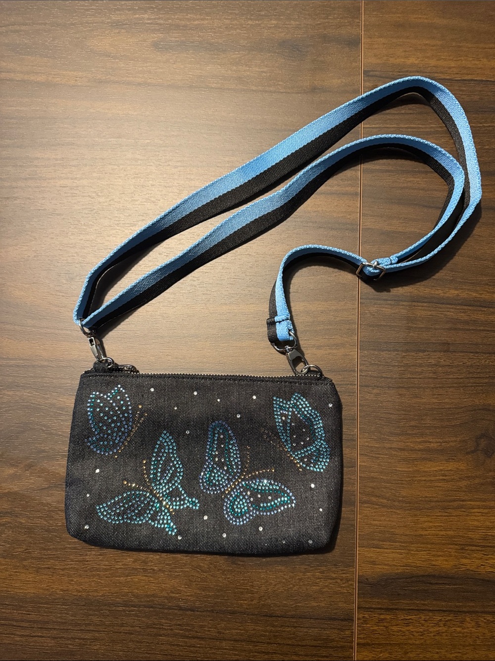 Brighton Black Crossbody Bag with Blue Butterfly Accents - Like New